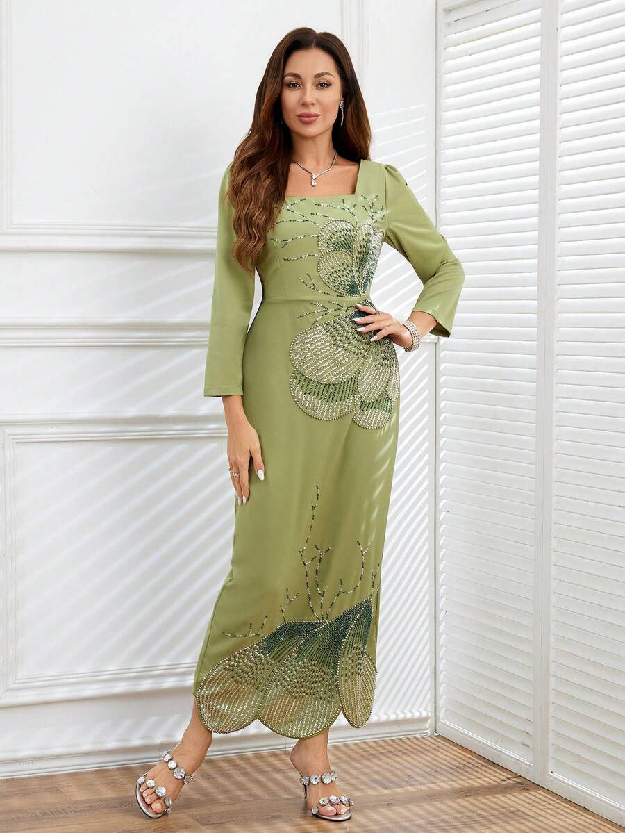 JINLICX Elegant Long Sleeve Square Neck Formal Dress, Suitable For Evening Gala, Party, Wedding