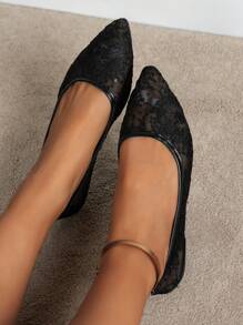 2025 New Pointed Toe Women Shoes, Fashion Lace Patchwork Rose Flat Shoes, Breathable Hollow-Out Outdoor Casual Party Loafers, Elegant & Gentle Style - Mesh Black - View 5