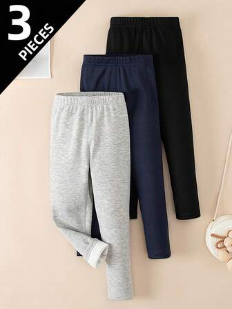 3条装女童纯色保暖打底裤，适合秋冬季节，4-12岁