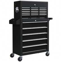 HOMCOM 2 In 1 Rolling Tool Cabinet On Wheels With 14 Drawers, Pegboard And Side Rack, Lockable Top Tool Chest And Roller Cabinet Combo For Workshop And Home, Black - 黑色 - 查看 2