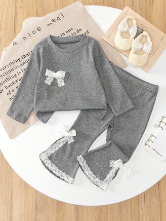 2pcs Girls Gray Outfit With White Lace Ribbon Bow Decor Long Sleeve Top And Pants Set