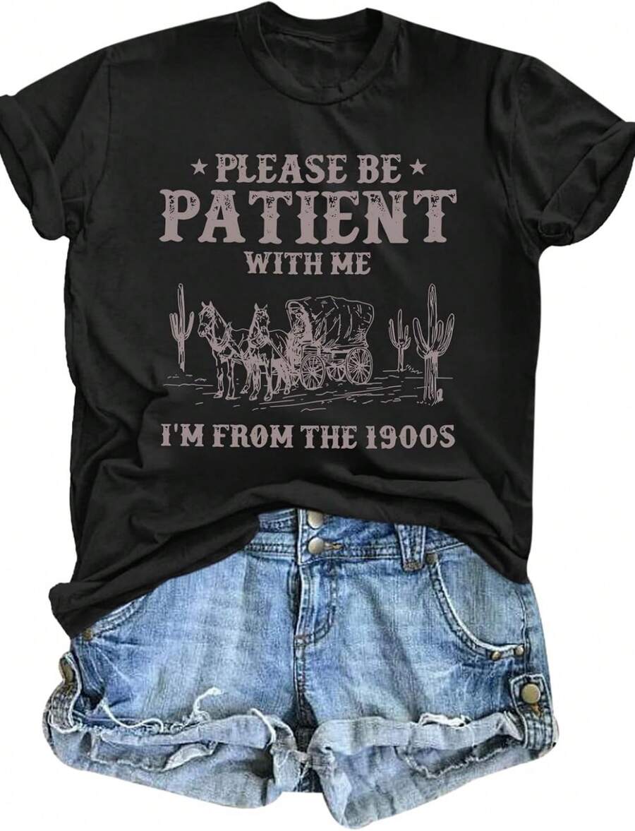 Tuislay Please Be Patient With Me Im From The 1900s Shirt 90s Country Shirts For Women Funny Graphic Tees Vintage Tshirts Top - 黑色 - 查看 1