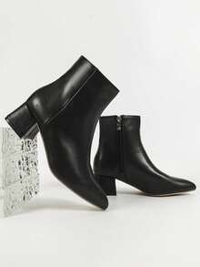 1 Pair Women's New Solid Color Simple Versatile Commuting Office Pointed Toe Side Zipper Chunky Heel Mid-Calf Boots, Autumn/Winter - Black - View 4