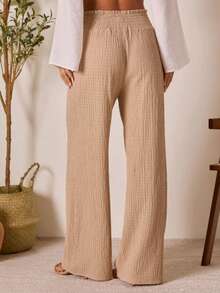 Pantalones anchos de cintura alta plisados de unicolor para mujer