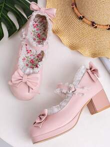 Women Kawaii Mid Block Heel Mary Jane Rockabilly Pumps With Bow Platform Chunky Heel Cute Sweet Shoes - 粉色 - 查看 6