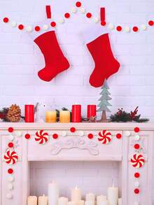 2pcs-Red & White Felt Ball Garland,Christmas Pom Pom Garland, 30 Colorful Pom Pom Garland Decoration, Boho Style For Wall Decoration, Thanksgiving Decoration Felt Ball Garland Red & White Felt Ball Garland Garland Hanging Supplies,Red White Pompom Bead Ornament String Banner Garland