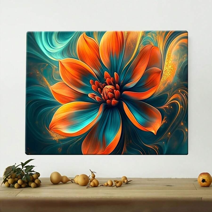 High Quality Art Canvas Wall Mural With Wooden Frame Abstract Orange And Teal Floral Ideal Wall Art For Living Room, Dining Room, Bedroom, Bathroom Home Decor, Office And Entryway Decoration, Ready To Hang - 橘色 - 查看 1