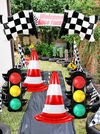 2/6 件赛车主题气球套装，包含交通信号灯、刹车灯、障碍物、赛车旗铝箔气球，适用于快速赛车主题、摩托车、生日派对、派对装饰、交通信号灯、赛车主题派对用品、红色、黄色和绿色装饰