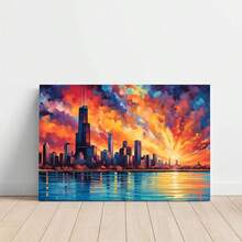 1pc Framed Canvas Poster, Chicago Sunset Canvas, Chicago Skyline Wall Art Canvas Paintings, Ideal Gift For Bedroom Living Room Corridor, Wall Art, Room Decoration, 2D Flat Print - 彩色 - 查看 1