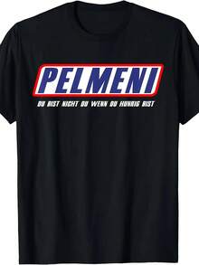 Camiseta gráfica de manga corta de cuello redondo para hombres "Amante de los pelmeni" - Tela cómoda y transpirable para fans rusos, ropa de exterior y ocio - Indumentaria cultural divertida con estampado de pelmeni rojo y texto cirílico - Negro - Ver 1