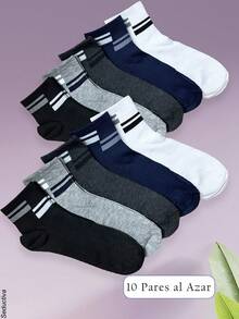 10 Pares de calcetines deportivos para hombre, multicolor, colores lisos con estampados de líneas en el tubo. Casuales y deportivos, tela de algodón, spandex y elastano, ajuste de tubo bajo con resorte ligero, muy suaves, ligeros y cómodos, aptos para cualquier temporada del año. Te llegarán 10 pares de calcetines deportivos en colores al azar. - Multicolor - Ver 1