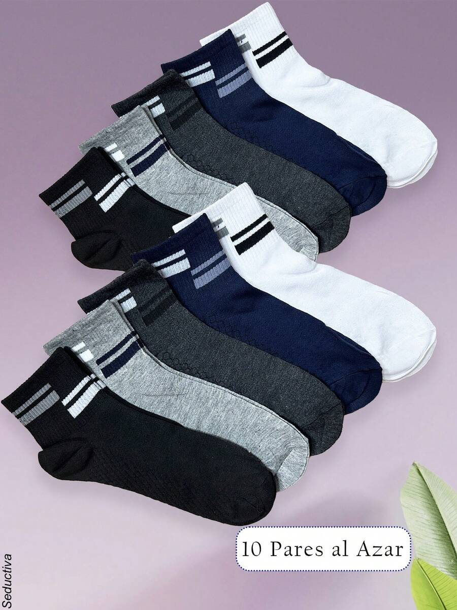 10 Pares de calcetines deportivos para hombre, multicolor, colores lisos con estampados de líneas en el tubo. Casuales y deportivos, tela de algodón, spandex y elastano, ajuste de tubo bajo con resorte ligero, muy suaves, ligeros y cómodos, aptos para cualquier temporada del año. Te llegarán 10 pares de calcetines deportivos en colores al azar. - Multicolor - Ver 1