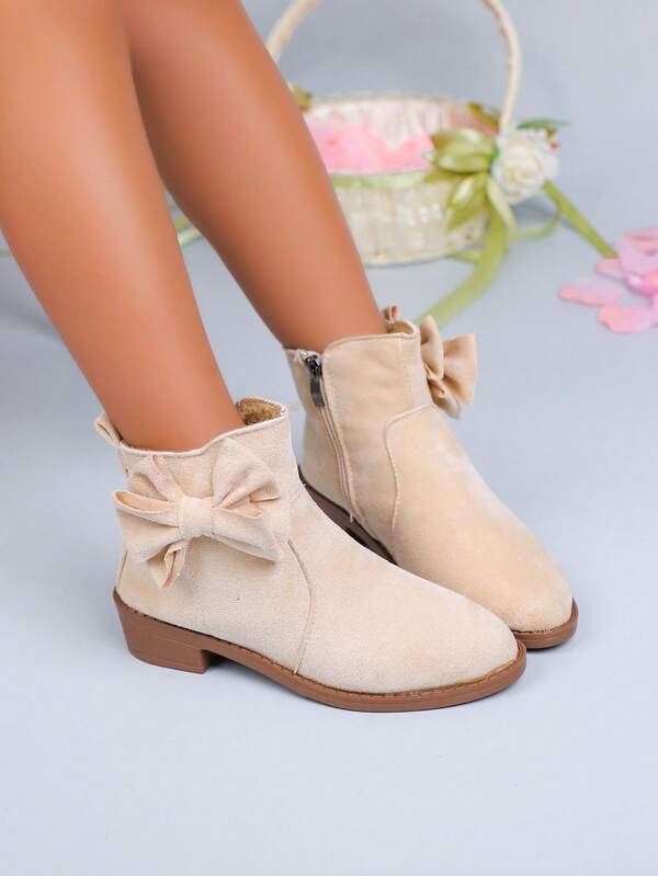 1 Pair New Autumn/Winter Classic Anti-Slip Girls Boots, Solid Color Matte Finish Bow Knit Strap Side Zipper Sweet Fashion Boots For Girls, Versatile For Travel, Photo Shooting