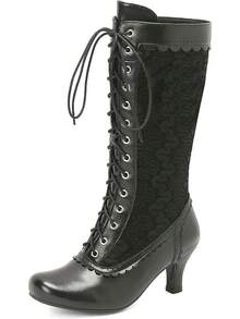 LUXMAX Women Gothic Victorian Boots Low Kitten Heel Mid Calf Boots Lace Up Cute Bow Boots For Ladies Witch ShoesChristmas - 黑色-1 - 查看 1