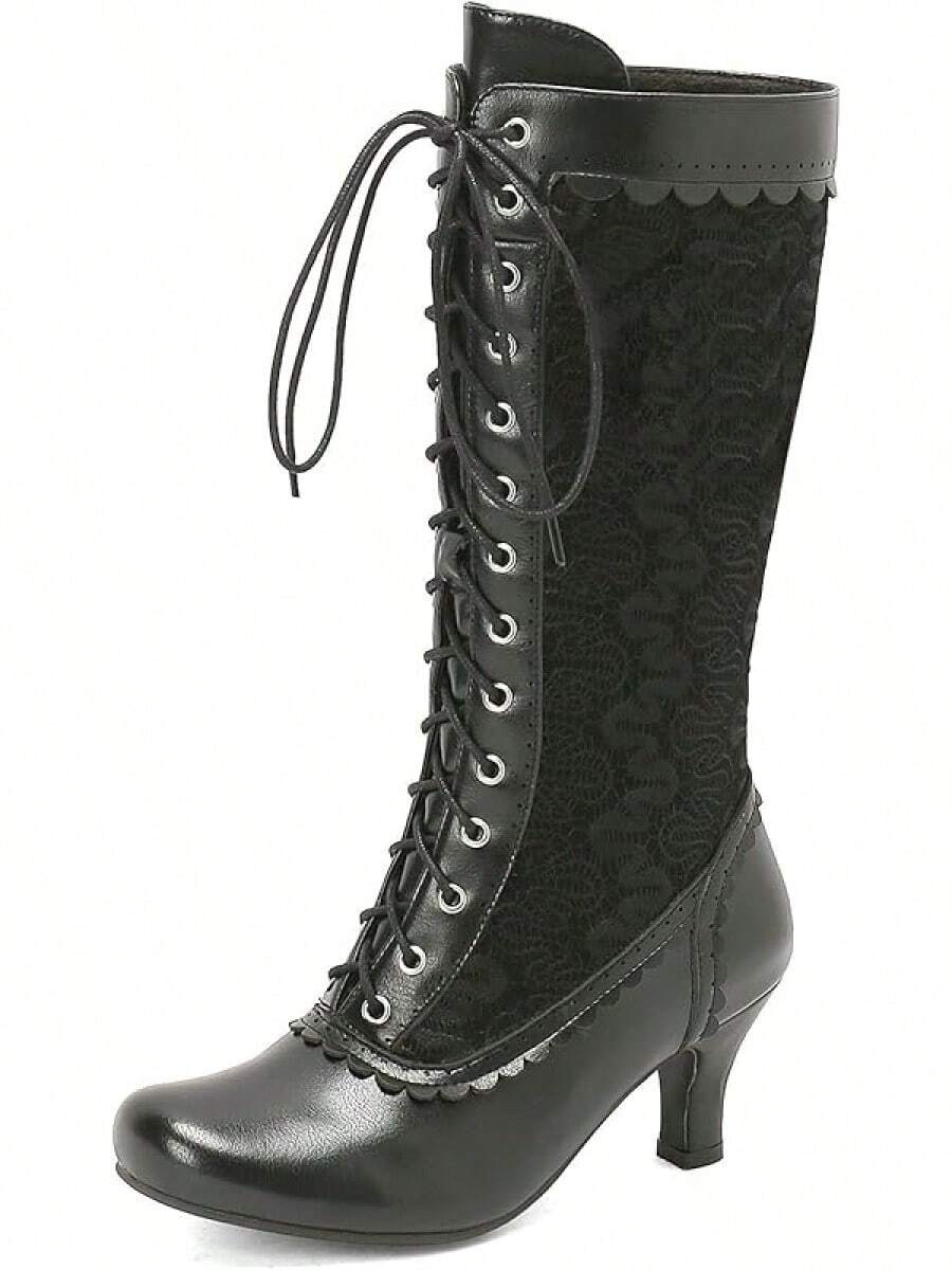 LUXMAX Women Gothic Victorian Boots Low Kitten Heel Mid Calf Boots Lace Up Cute Bow Boots For Ladies Witch ShoesChristmas - 黑色-1 - 查看 1