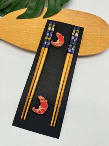 2pcs Natural Bamboo Chopsticks With 2pcs Bamboo Chopstick Holders, Japanese Printed Design Bamboo Chopsticks With Wooden Chopstick Rest,Kitchen,Christmas Gift,School Supplies - Multicolor - View 9