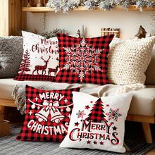 MEMNUN 4 件圣诞红黑格子鹿、雪花、铃铛、圣诞树文字印花涤纶枕套 [无枕芯]，17.7*17.7 英寸 (45*45 厘米)/19.69*19.69 英寸 (50*50 厘米)/15.75*15.75 英寸 (40*40 厘米)，[单面印刷] 圣诞快乐抱枕套适用于沙发、床、客厅、卧室、汽车、办公室、酒店装饰，送给家人和朋友的圣诞礼物 - 彩色 - 查看 7