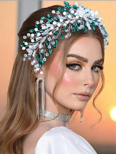 1 buc. Bandă de păr de mireasă cu cristal verde vintage de lux, accesoriu de păr pentru petrecere de nuntă, bentițe calde pentru femei, bandane