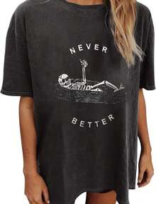 Summer Y2k Tops For Womens, Casual Vintage Short Sleeve T-Shirt, Girls Oversize Loose Round Neck Elastic Tee - 黑色 - 查看 1