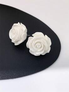 1 Pair White 3D Rose Flower Design Earrings For Women - White - View 11