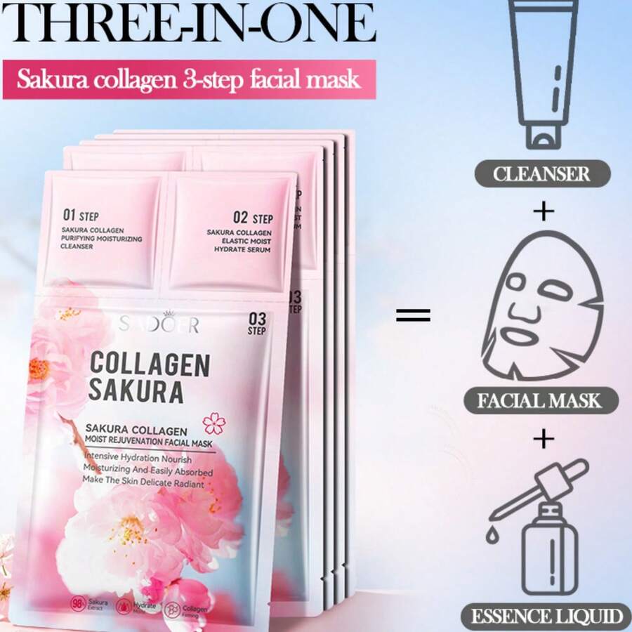 三合一樱花胶原蛋白面膜，包含洁面乳、精华液和面膜，美白、淡化细纹、提亮肤色 - 彩色 - 查看 1