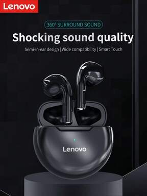 Lenovo 1 pieza Auriculares inalámbricos Bluetooth HT38 con sonido HD, graves, a prueba de sudor, ligeros y cómodos, ideal como regalo para mujeres y hombres, color negro y blanco, regalo de fiestas