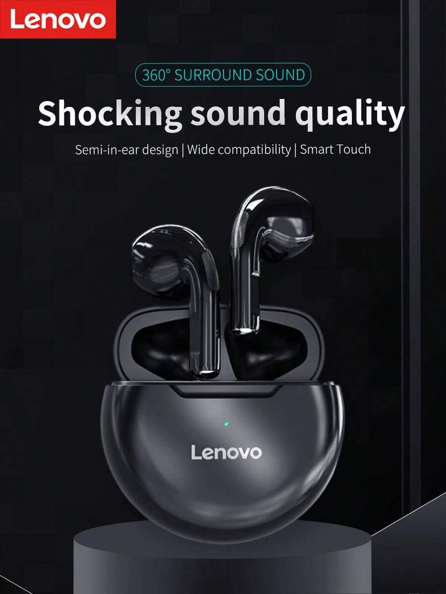 Lenovo 1 pieza Auriculares inalámbricos Bluetooth HT38 con sonido HD, graves, a prueba de sudor, ligeros y cómodos, ideal como regalo para mujeres y hombres, color negro y blanco, regalo de fiestas