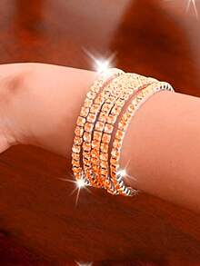 5pcs Sparkling Crystal Elastic Bangle Bracelets, Adjustable Bling Bling Party Style Jewelry Gift For Women - Orange - View 3