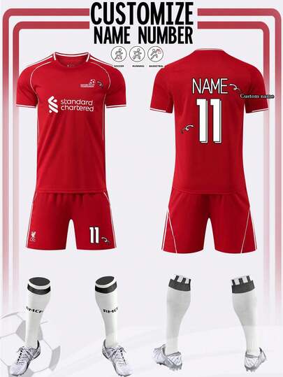 2pcs Personalized Football Jersey, Liverpool Football Jersey, Men's Personalized Football Jersey, Red Football Jersey, Men's Sports Suit, Sports Suit, Men's Running Suit, Summer Men's Suit, Men's T-Shirt Suit, Football Jersey, Personalized Football Jersey, Football Jersey With Number Printing, Suitable For Daily Wear, Football, Badminton, Basketball, Cycling