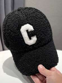 1件中性款純色字母C刺繡毛絨保暖學生街頭時尚羊羔絨蓬鬆彎帽簷爸爸帽棒球帽，適合情侶戶外運動，秋冬款 - 多色 - 查看 4