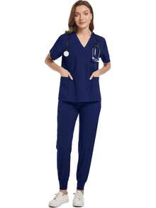 Conjunto De Uniforme Clínico Quirúrgico De Dos Piezas Con Manga Corta, Cuello En V y Bolsillos Funcionales Para Uso Profesional En Tela De Poliéster y Spandex - Azul Marino - Ver 4