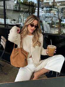 Damen Lässig Herbst und Winter einfarbiger Rundhals Einreiher Pullover Strickjacke Langarm Strickjacke / Vielseitiger Pullover für den täglichen Arbeitsweg