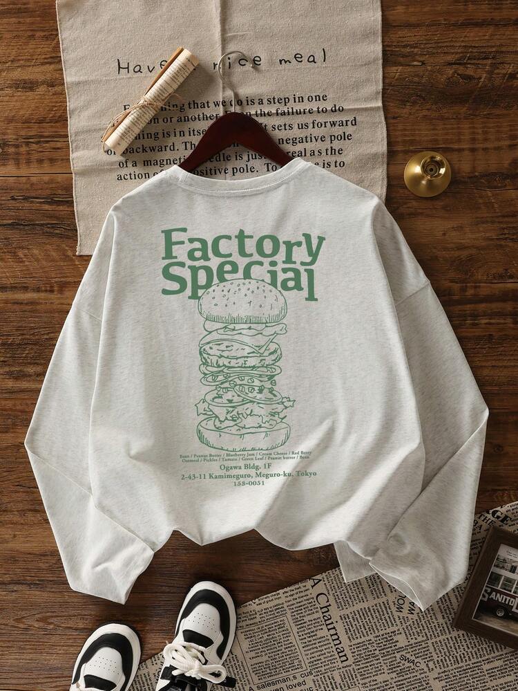 Women's Petite Hamburger & English Letter Print Long Sleeve T-Shirt, Round Neck, Versatile, Autumn/Winter - Light Gray - View 3