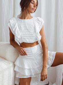 Women' S Ruffle Sleeve Top Mini Shorts Solid/ Floral 2 Piece Set, Summer Cute Casual Outfit For Beach, Date, Vacation - White - View 5