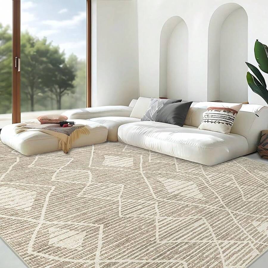 Large Washable 6x9 Area Rug: Boho Moroccan Geometric Neutral, Non-Slip Foldable Indoor Floor Carpet For Living Room, Bedroom, Dining Table - Beige, 6X9 - Krem Beige - View 1