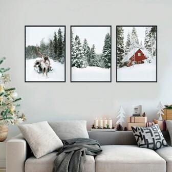 FajerminArt 3 Stücke Weihnachten Rentier Muster Poster Wandkunst, nordischer Winter Rot Hütte Muster, Weihnachtskunst Feiertags Dekoration Gemälde, kreative Leinwand Poster, wasserfeste Leinwand Wandkunst, Wandmalerei als Geschenk, für Schlafzimmer, Büro, Dekoration, Zuhause und Studentenwohnheim