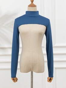 1 件女式纯色弹力氨纶高领插肩袖短上衣披肩领仿夹克上衣，长袖，百搭颜色，秋冬