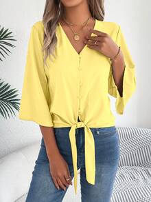 Summer Resort Button Front Shirt V-Neck Tie-Waist With Cropped Sleeves  Women's Solid Color Casual Top Yellow Bloues - Màu vàng - Xem 4