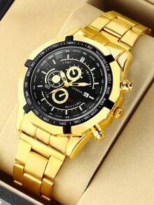 3pcs/Set Men's Oversized Dial Quartz Watch With Alloy Band, Suitable For Business, Sports, Daily Wear, And Beaded Crown Bracelet