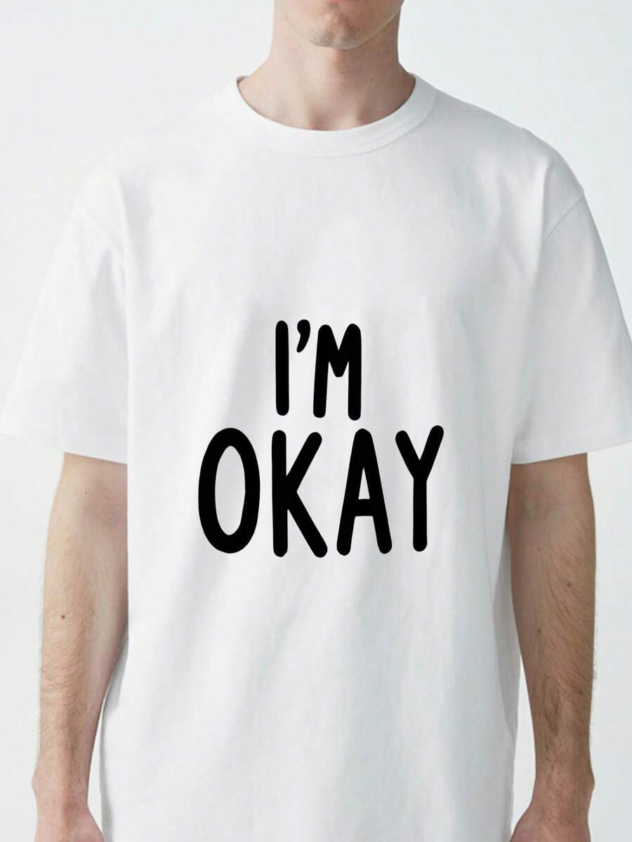 Classic Crew Neck White T-Shirt With I'M OKAY Bold Text Print For Casual Wear - 白色 - 查看 1
