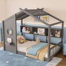 TWIN SIZE FLOOR BED FRAME FOR TODDLER MONTESSORI HOUSE BED WITH ROOF DESIGN STORAGE SHELF PLAYHOUSE BED WHITE PERFECT KIDS BED FOR BOYS AND GIRLS TODDLER BED IDEAL CHILD'S BED - Grey - View 2