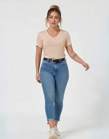 Blusinhas Feminina T-shirt Algodão Gola V Lisa Básicas Confortáveis - Caqui - Visão 4