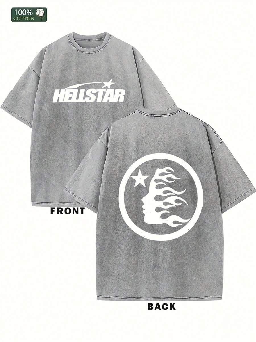 Men's  Graphic T-Shirt - 100% Cotton, Double-Sided Wax Print, Flame & Star Design, Round Neck, All-Season Casual Wear, Ideal Gift, Casual Streetwear |  Tshirt | Durable Knit, Fashionable Graphic Print T Shirt - Xám đậm - Xem 1