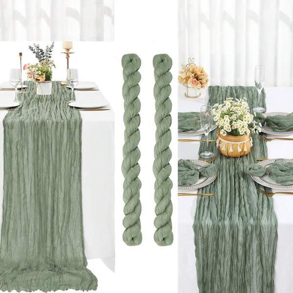 2 paquets de chemin de table en mousseline de soie vert sauge, 10 pieds de chemin de table en gaze bohème, chemin de table transparent rustique pour mariage, baby shower, décoration de table de fête