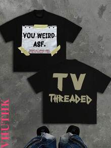 VHUTHK (220 Pure Cotton T-Shirt) 'YOU WEIRD' Letter Double-Sided Printing Y2k Style Printing Men's Summer Round Neck Short Sleeved Casual Cotton
