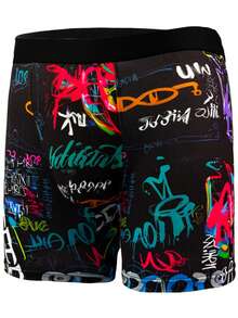 3pcs Men's Fashion Patterned Long Boxer Briefs, Graffiti Style Breathable Comfortable High Elasticity Long Boxer Swim Trunks, Sports Shorts, Men's Novel Underwear, Cycling Shorts