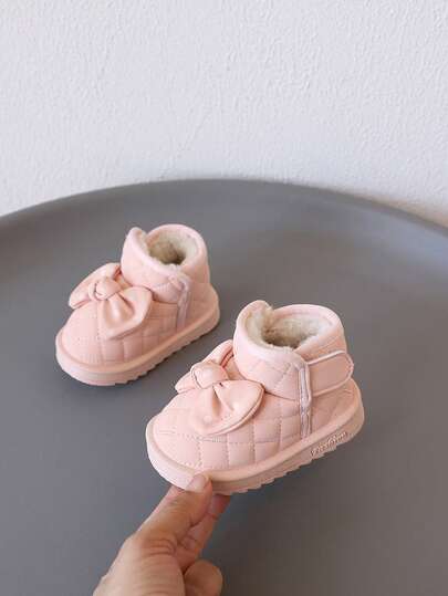 1 Pair Toddler Short Boots With Bow Decor, Thermal Lined For Warmth, Short Boot Style, Flat Heel, Sweet Style Thermal-Lined Toddler Short Boots, Suitable For Daily Outings