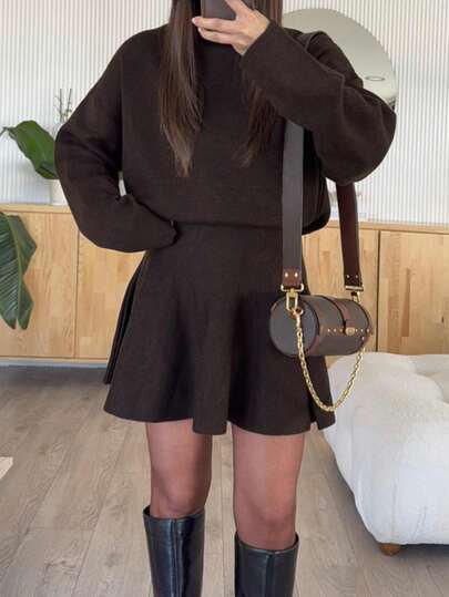 PoPoHouse Women's Brown Knit Sweater Dress – Elegant Winter Commuter Waist Short Dress, Cozy Long Sleeve Pullover, Chic Brown Outfit For Birthday, New Year & Party, Minimalist Streetwear, Fall Winter Fashion, Stylish Brown Dress For Women