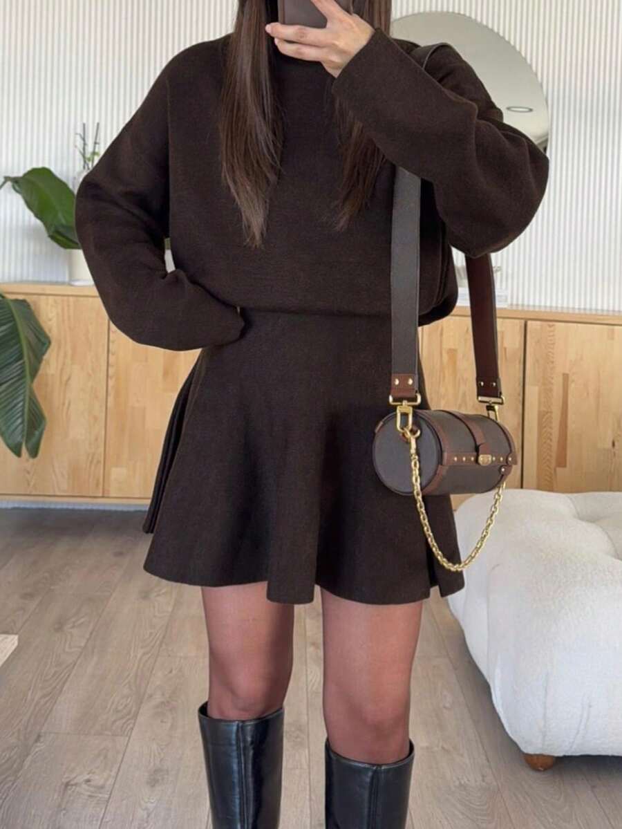 PoPoHouse Autumn/Winter Women's Faux Collar Long Sleeve Knit Dress, Gentle Elegant High Waist A-Line Short Style, Suitable For Daily Commute - Brown - View 1