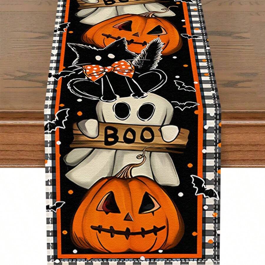 1/20 Stücke Halloween Tischläufer, Orange Kürbis, Geist, Schwarze Katze Muster Design Tischläufer, Festliche Atmosphäre Tischdekoration, Geeignet für Innen- und Außenbereich, Perfekt für Feiertage und Feiern, Festliche Küchen- und Restaurant-Dekoration - Verschiedenfarbig - Übersicht 1